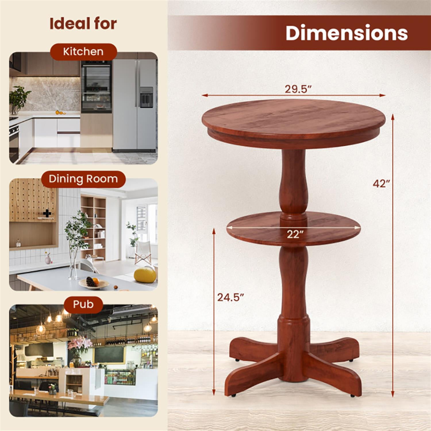 Demi Bonn 29" Pub Table, 2-Tier Round High Top Bar Table with Storage Shelf and Pedestal Base, Perfect for Small Space, Brown