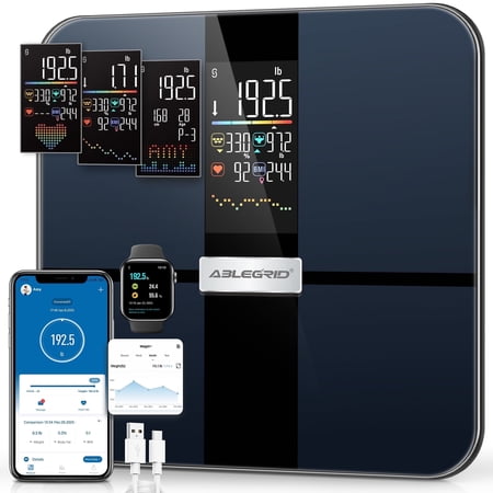 ABLEGRID Smart Digital Scale for Body Weight and Fat Rechargeable, Large LCD Display, 22 Body Composition Metrics BMI, Heart Rate, 400lb, Black