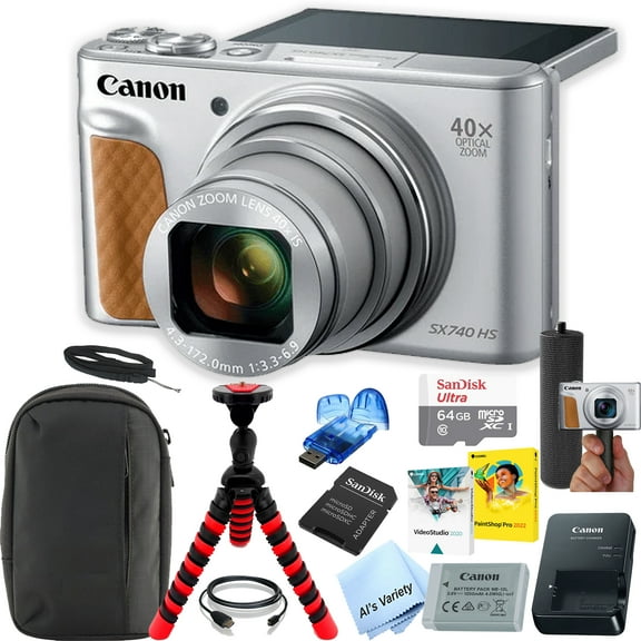 Canon Powershot SX740 HS Digital Camera (Silver) Kit with Accessories: 64GB Memory,Case, Tripod, Grip, Software, & More