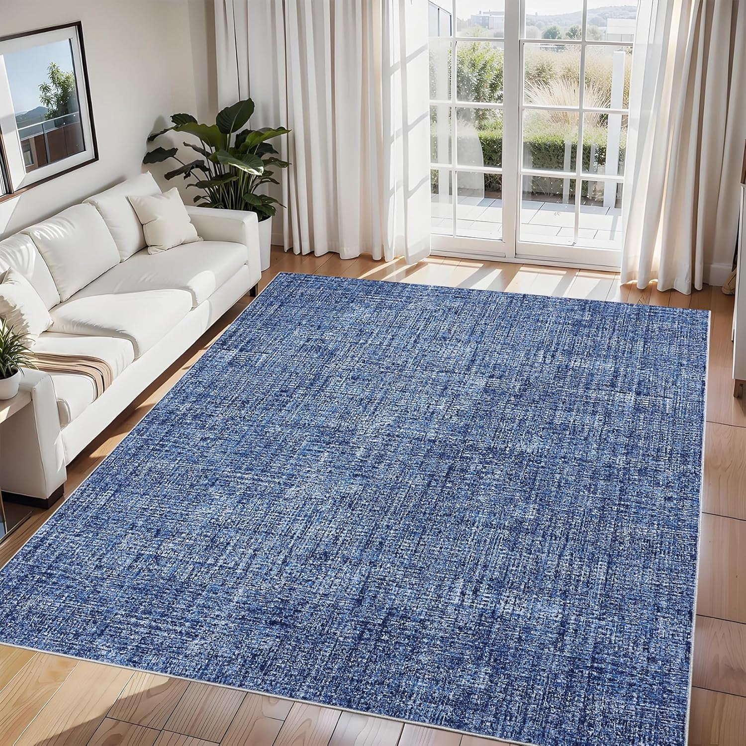 Memoryfield 9' x 12' Washable Area Rug, Stain-Resistant Low Pile Non Slip Carpet, Floor Mat for Living Room Bedroom Home Office, Blue