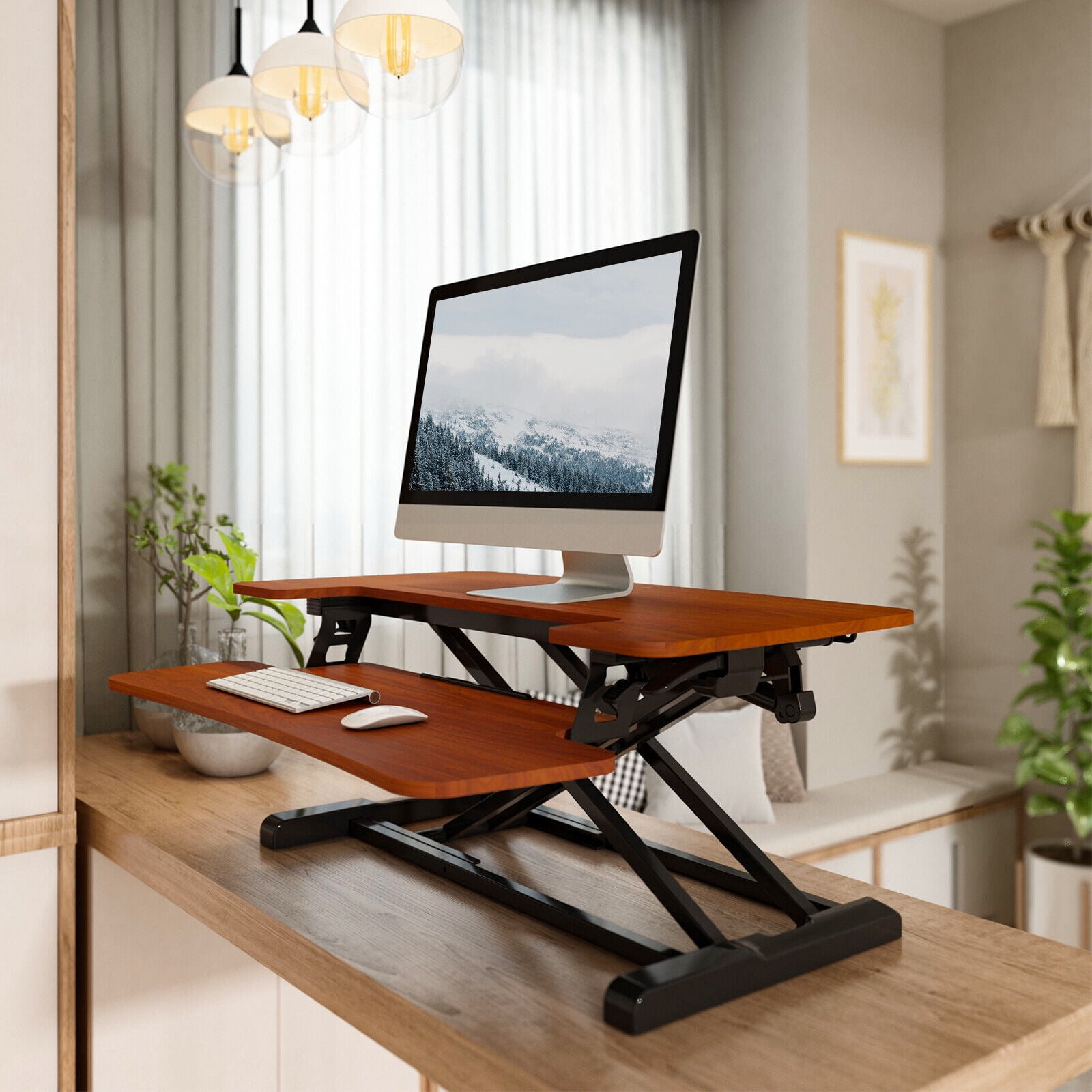 MarketLane 27.6 inch Desk Converter, K Series, Height Adjustable Sit to Stand Riser, Dual Monitor and Laptop Workstation with Wide Keyboard Tray, Dark Walnut Top, Black Frame