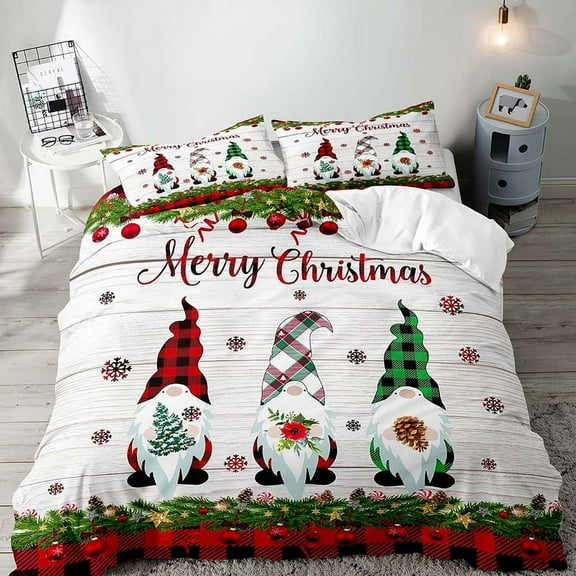 LUVIVIHOME 3PCS Cute Gnome Christmas Duvet Cover Queen, White Duvet Cover, Boys Girls Kids Bedding, Holiday Xmas Tree Ball Snowflake Black Green Red Buffalo Plaid Comforter Quilt Cover 2 Pillow Shams