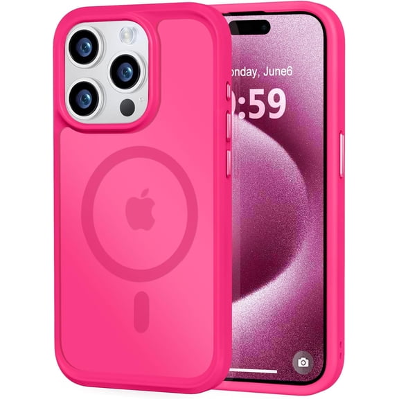 Strong Magnetic for iPhone 15 Pro Case, [Compatible with Magsafe][13FT Military Drop Protection] Slim Translucent Matte Shockproof Case for iPhone 15 Pro Phone Case 6.1'', Hot Pink