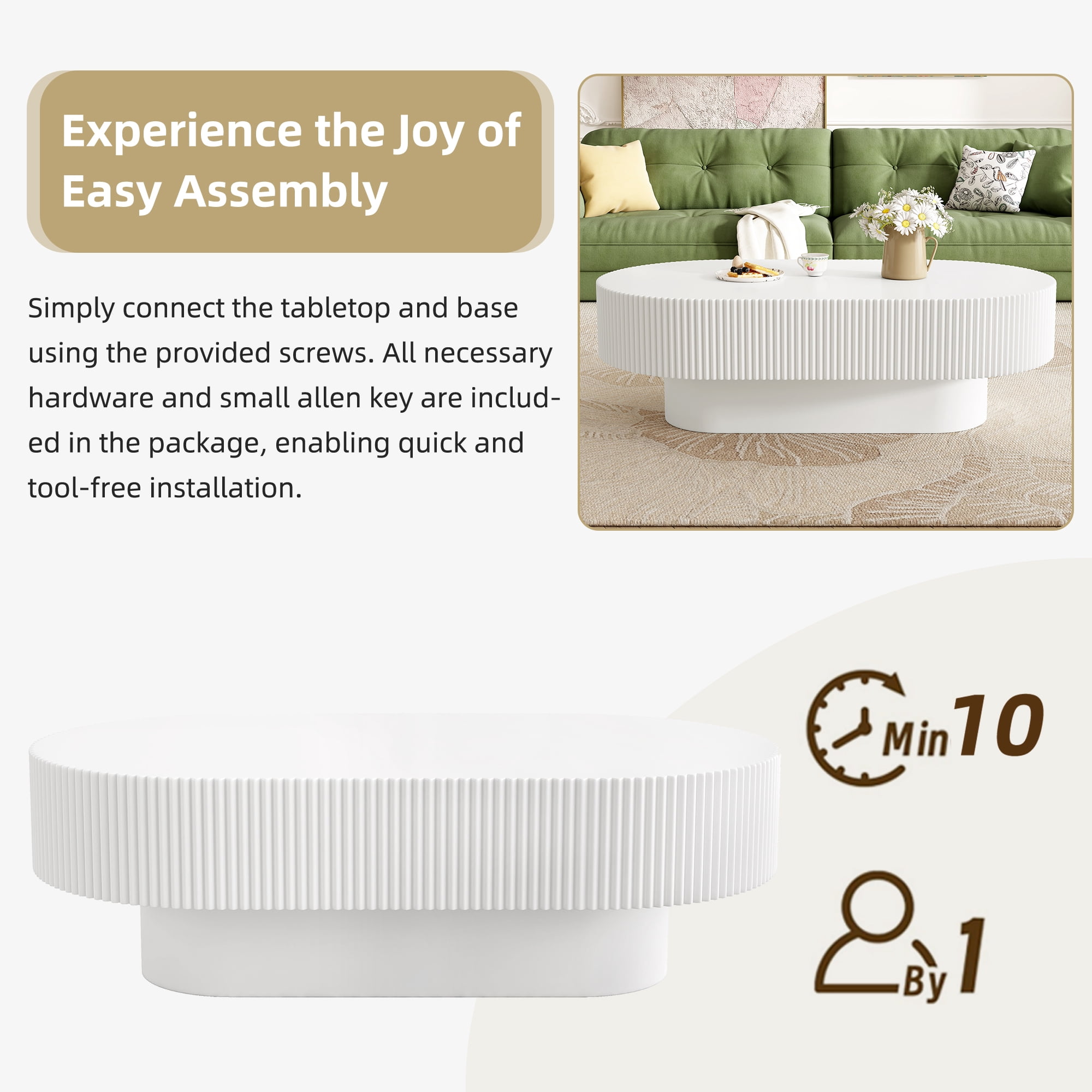 Harper & Bright Designs Wood Fluted Coffee Table, Modern Drum End Table, Oval Center Table with Sturdy Base for Living Room, White