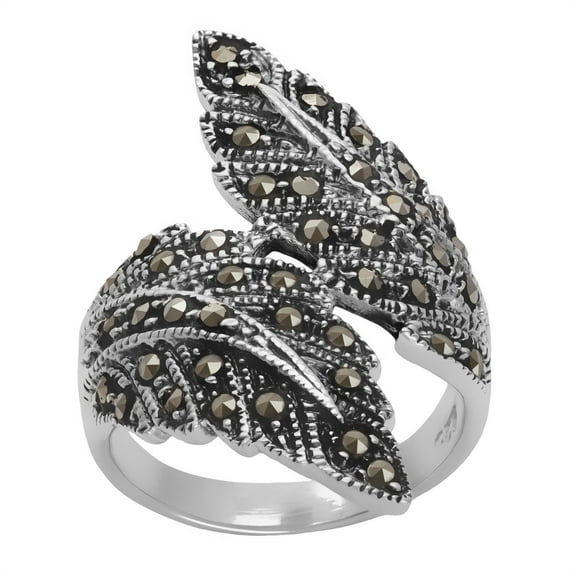 Silver Women's 925 Sterling Silver Oxidized Simulated Marcasite Overlapping Feather Ring