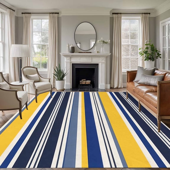 Area Rug for Living Room, Navy Blue Yellow Striped Non-Slip Indoor Large Carpet for Bedroom/Dining Room, Farmhouse Vintage Stripe Washable Low-Profile Rectangle Floor Runner Rugs - 5 x 7 Ft