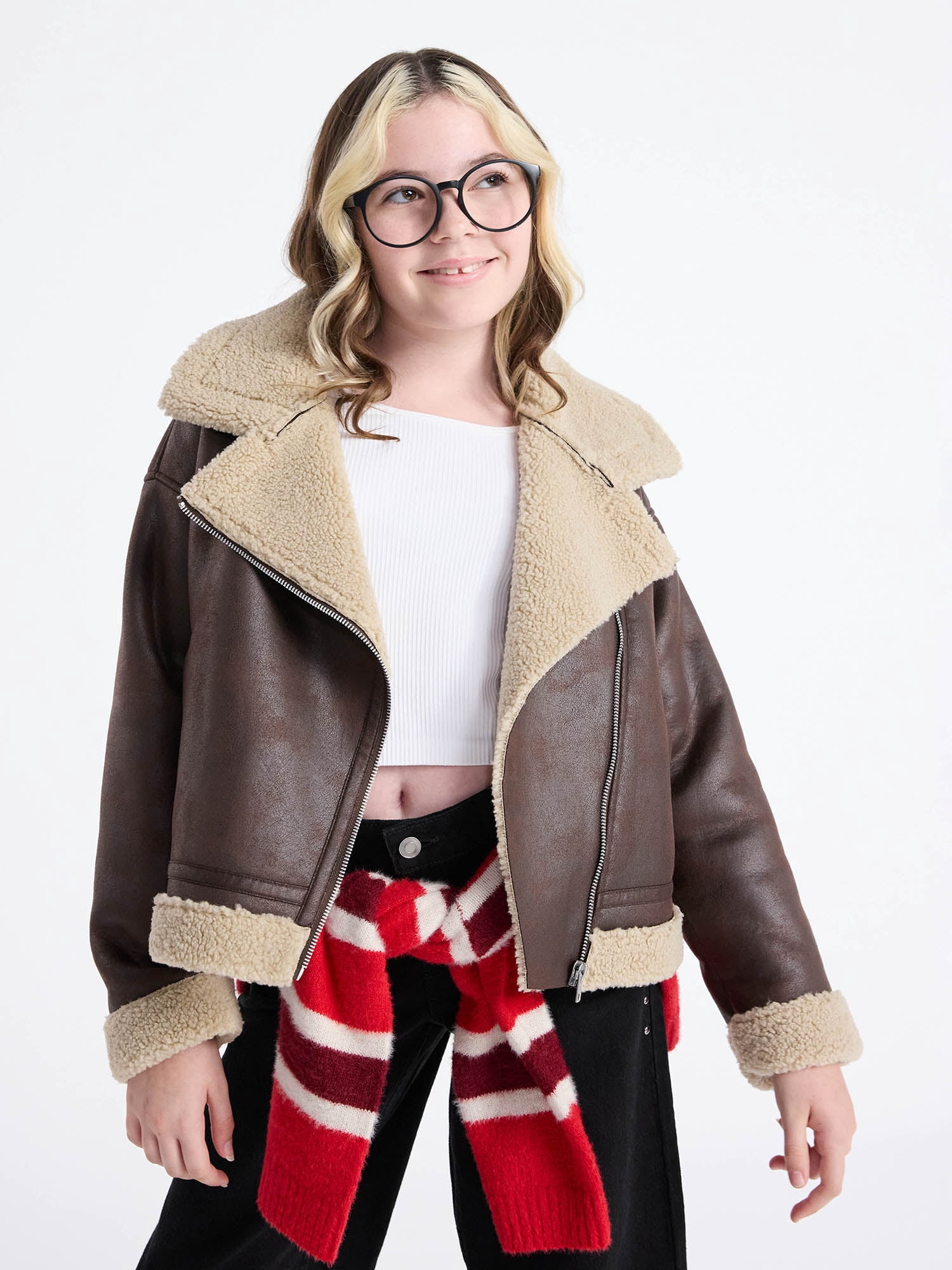 Weekend Academy Girls Faux Leather Biker Jacket with Faux Shearling Trim, Sizes 4-18