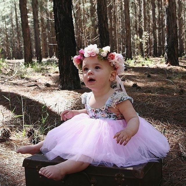 Newborn Infant Baby Girls Flower Lace Splice Princess Party Dress Tulle Headband Set Kids Clothing Sets Baby's Dresses