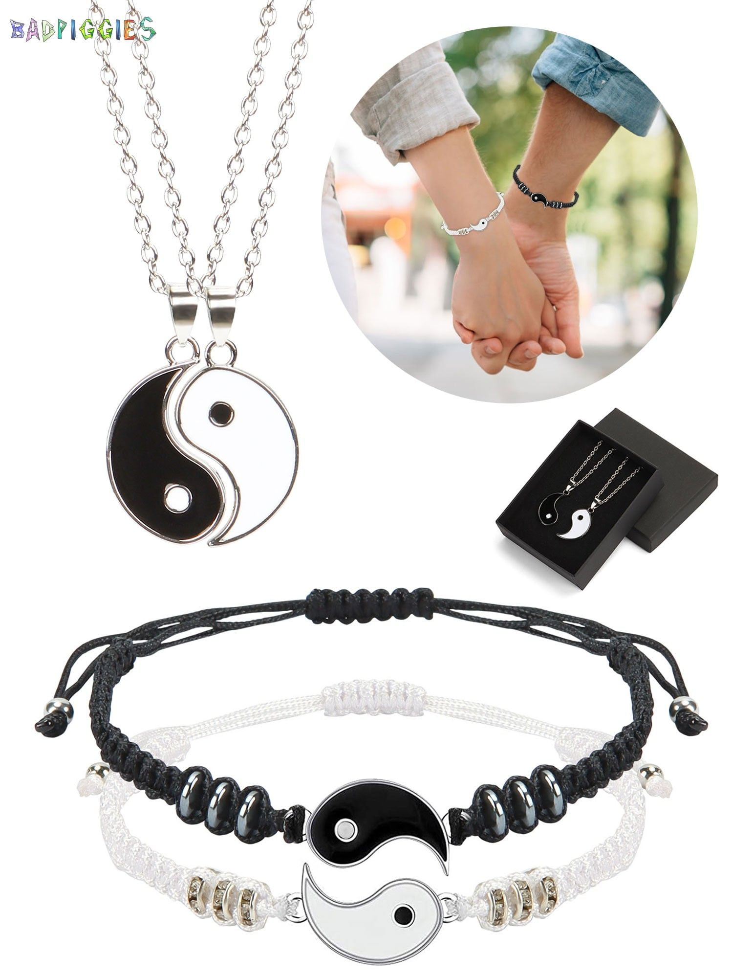 BadPiggies Pack of 4 Yin Yang Couples Bracelets Necklaces Matching Set, Adjustable Braided Cord for BFF Friendship Boyfriend Girlfriend Gift
