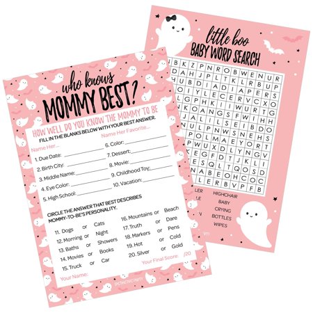 Pink Little Boo Baby Shower Game Bundle - Who Knows Mommy Best and Word Search Activities for Fun Celebrations - 20 Player Cards for Memorable Moments