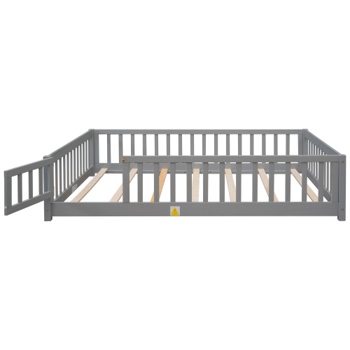 Full Size Floor Bed, Wooden Full Bed Frame with Fence Guardrails & Support Slats & Revolving Door Design, Grey
