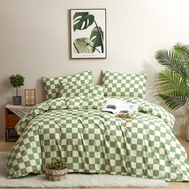 Verde Blanco Plaid Funda Nórdica Rey Verde Claro Beige Rejilla Ropa de Cama Checkerboard