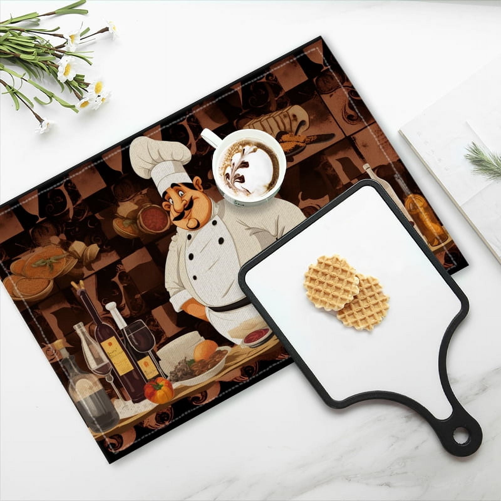 BaHomeck placemats Set of 4 Cartoon Chef Character Is Surrounded By Various Types Of Food Cotton Linen rectangle Placemats for Kitchen Dining Table Indoor,Outdoor,18*12inch