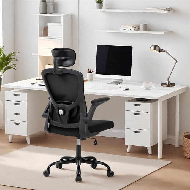 BeesClover Office Desk Chair with High Back Mesh, Adjustable Headrest and Lumbar Support, Flip-Up Armrests – Rolling Computer Chair for Home Office, Study