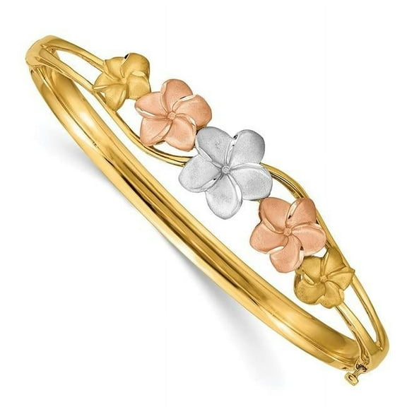 Primal Gold 14 Karat Tri-color Plumeria Hinged Bangle