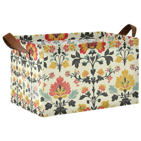 Yayeee Foldable Storage Basket for Shelves with Handles Waterproof Cloth Bins, Beige Floral