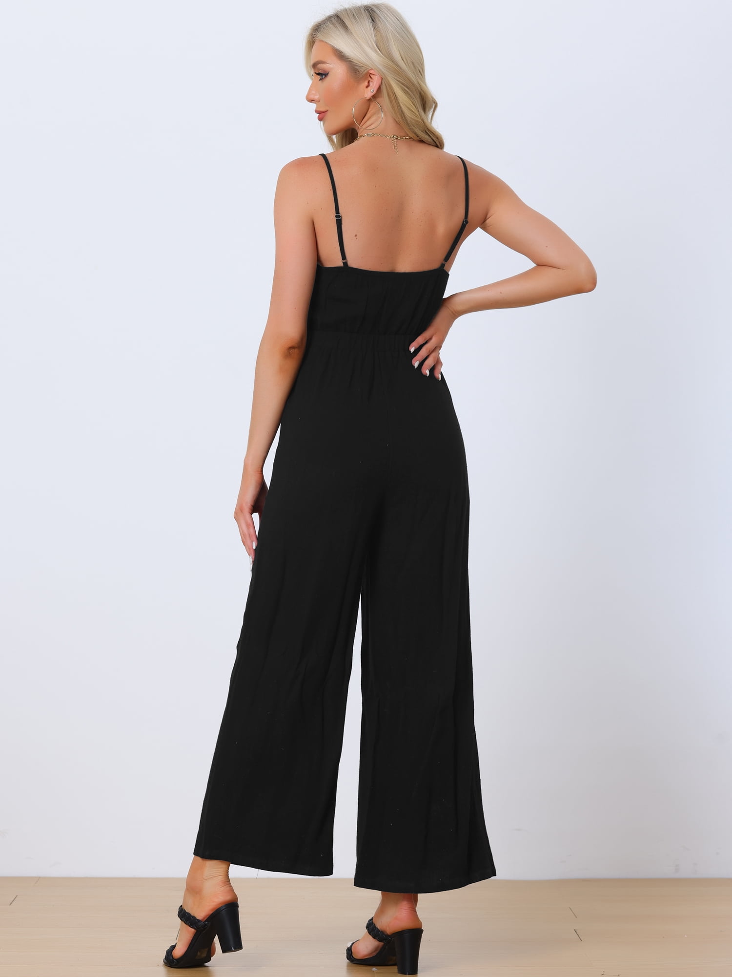 Unique Bargains Women's Jumpsuit Casual Spaghetti Strap Cut Out Wide Leg Romper XL Black