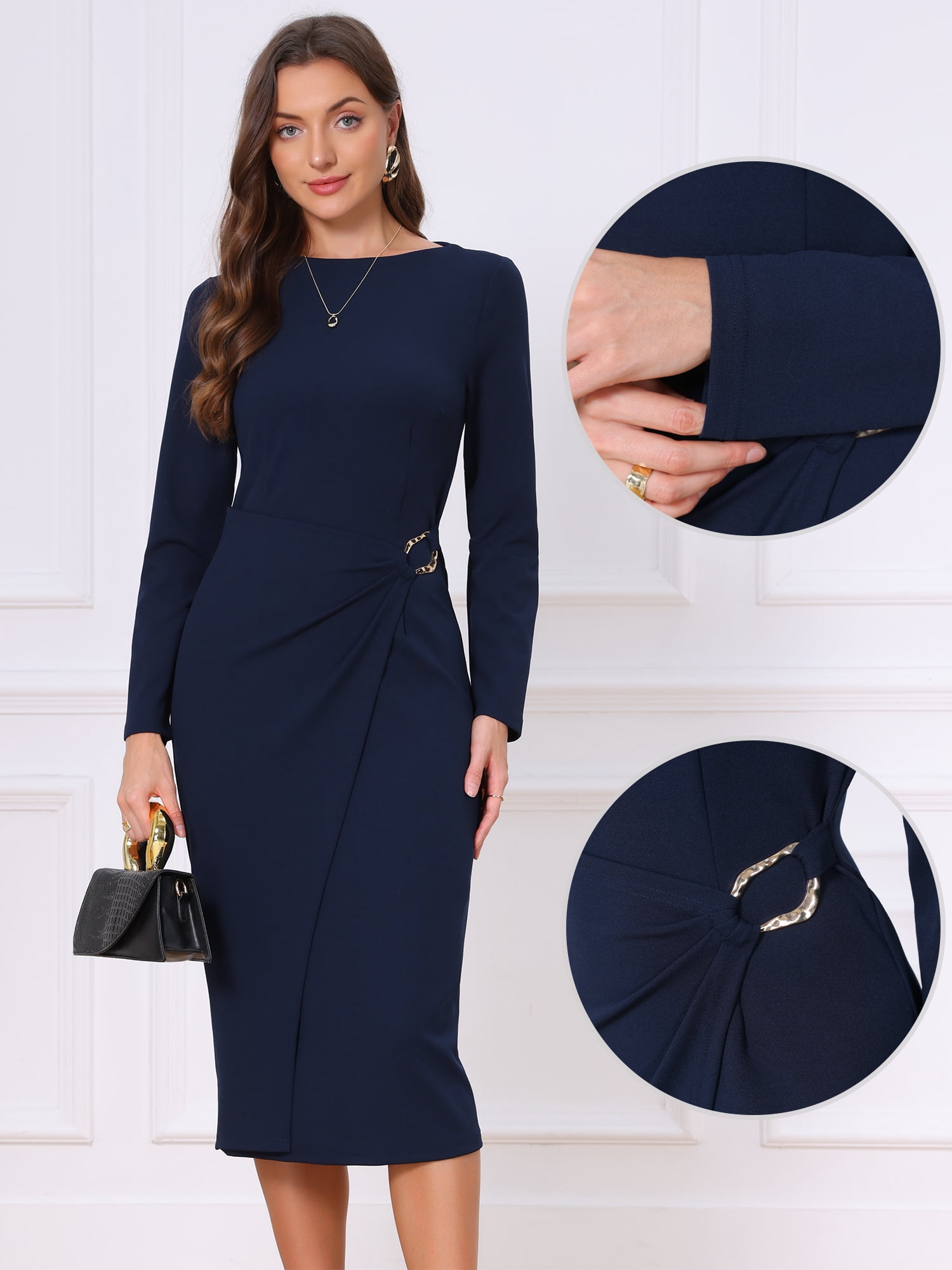 DARING DIVA Women's Long Sleeve Wrap Work Midi Business and Occasions Dress M Navy Blue