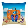 thumbnail image 1 of Flip Flop Throw Pillow Cushion Cover, Illustration of Travel Suitcase with Colorful Stickers on and Snorkeling Mask, Decorative Square Accent Pillow Case, 18 X 18 Inches, Multicolor, by Ambesonne, 1 of 2
