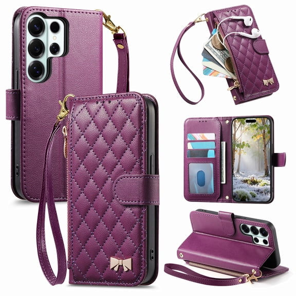 Decase Luxury Wallet Case for Samsung Galaxy S26 Ultra,PU Leather Zipper Flip Card Slots Stand Cover,Magnetic Closure,Shockproof Inner PC TPU Shell with Wrist Strap,Purple