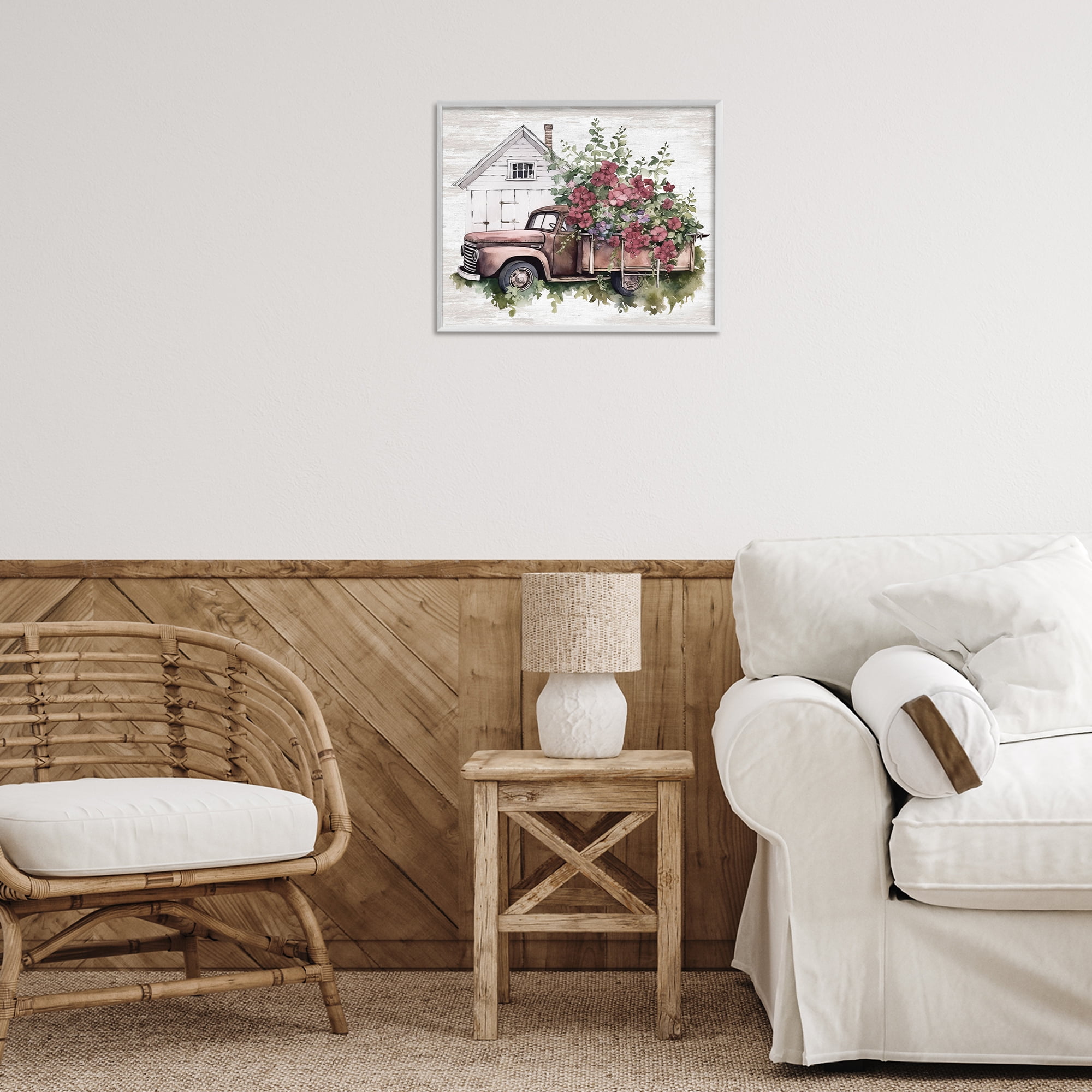 Stupell Industries Burgundy Flowers Truck Transportation Painting White Framed Art Print Wall Art, 20 x 16