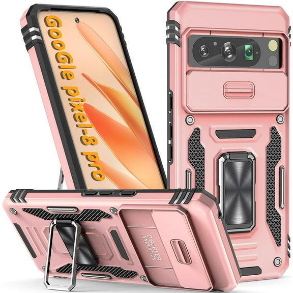 Military Grade Ring Holder Case with Camera Lens Cover for Google Pixel 8 Pro - Rose Gold