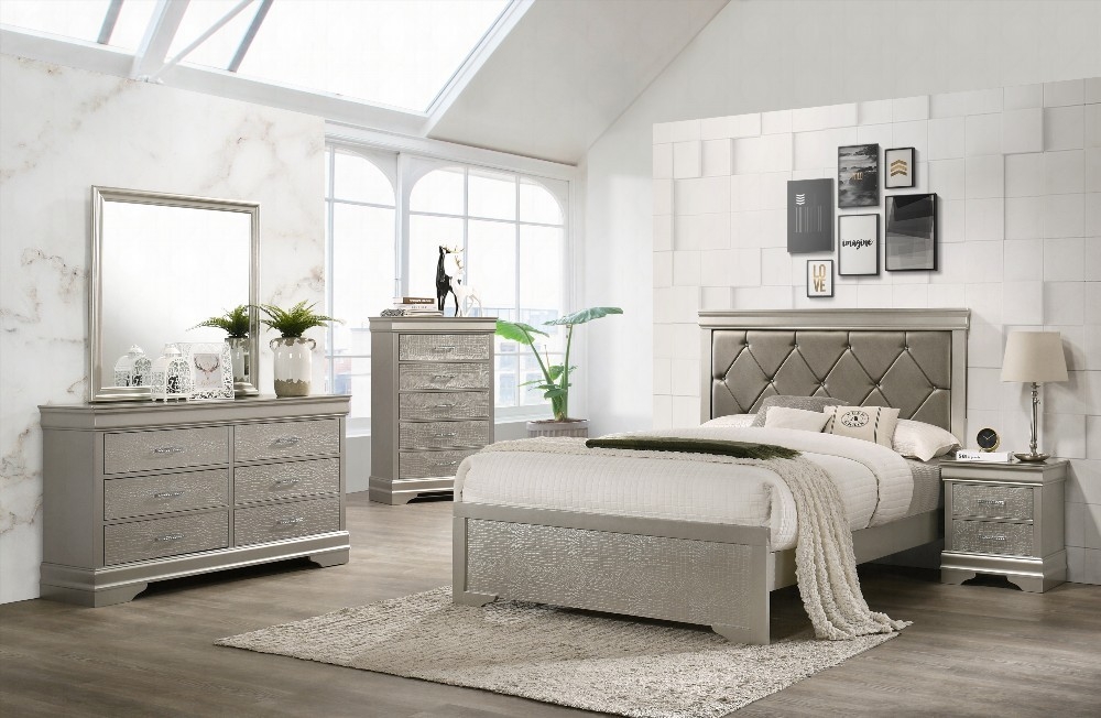King Size wooden platform bed frame with beige champagne finish and crocodile texture upholstered headboard, silent and stable for master bedroom.