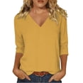 thumbnail image 3 of Women's 3/4 Sleeve Tops V Neck Loose Fit T Shirts Solid Color Casual Spring Summer Base Comfy Tees (XL, Yellow), 3 of 8