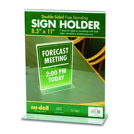 Double Sided Plastic Sign Holder (Nu-Dell 8.5 x 11 Inches T-Shaped Sign Holder, Clear, Clear Plastic Table or Counter Top Sign Holder provides double sided viewing By)