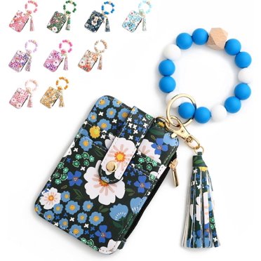 Portefeuille Bohème à Perles pour Femme, Porte-Clés Bracelet Style Bohème à Perles et à Pampilles Décoré avec Portefeuille Floral (Bleu Foncé)