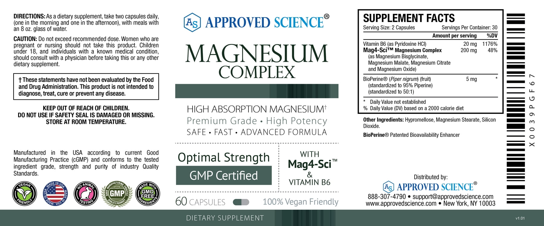 Approved Science Magnesium Complex - Magnesium Bisglycinate, Malate, Citrate, and Oxide, Heart, Headaches, Cramps, Energy - High Absorption - 60 Capsules - 1 Month Supply - Non-GMO, Vegan
