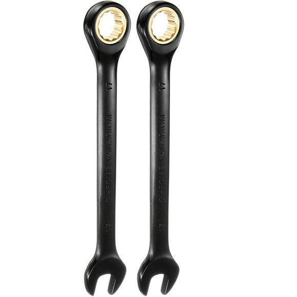 Uxcell 2Pcs Ratcheting Wrench 17mm Metric Open End Wrench 72-Teeth CR-V Steel 12 Point Nickel Plated Combination Ratchet Wrench