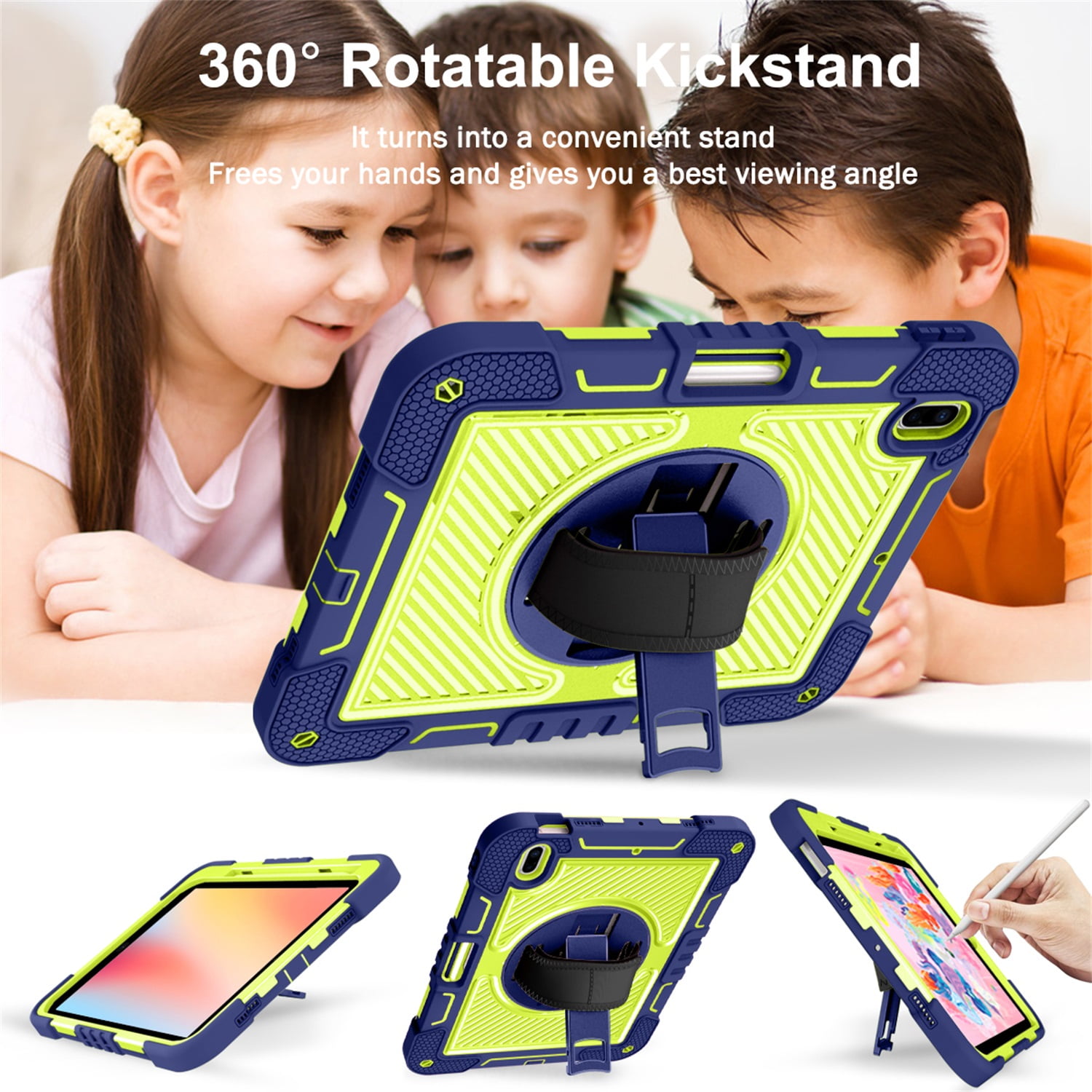 Tarise Case for Apple iPad 10th Generation 10.9 inch (2022), 360° Rotating Kickstand with Pencil Holder/ Hand Strap/ Shoulder Strap Hard PC Rugged Silicone Shockproof Stand Cover, Navy + Yellow Green