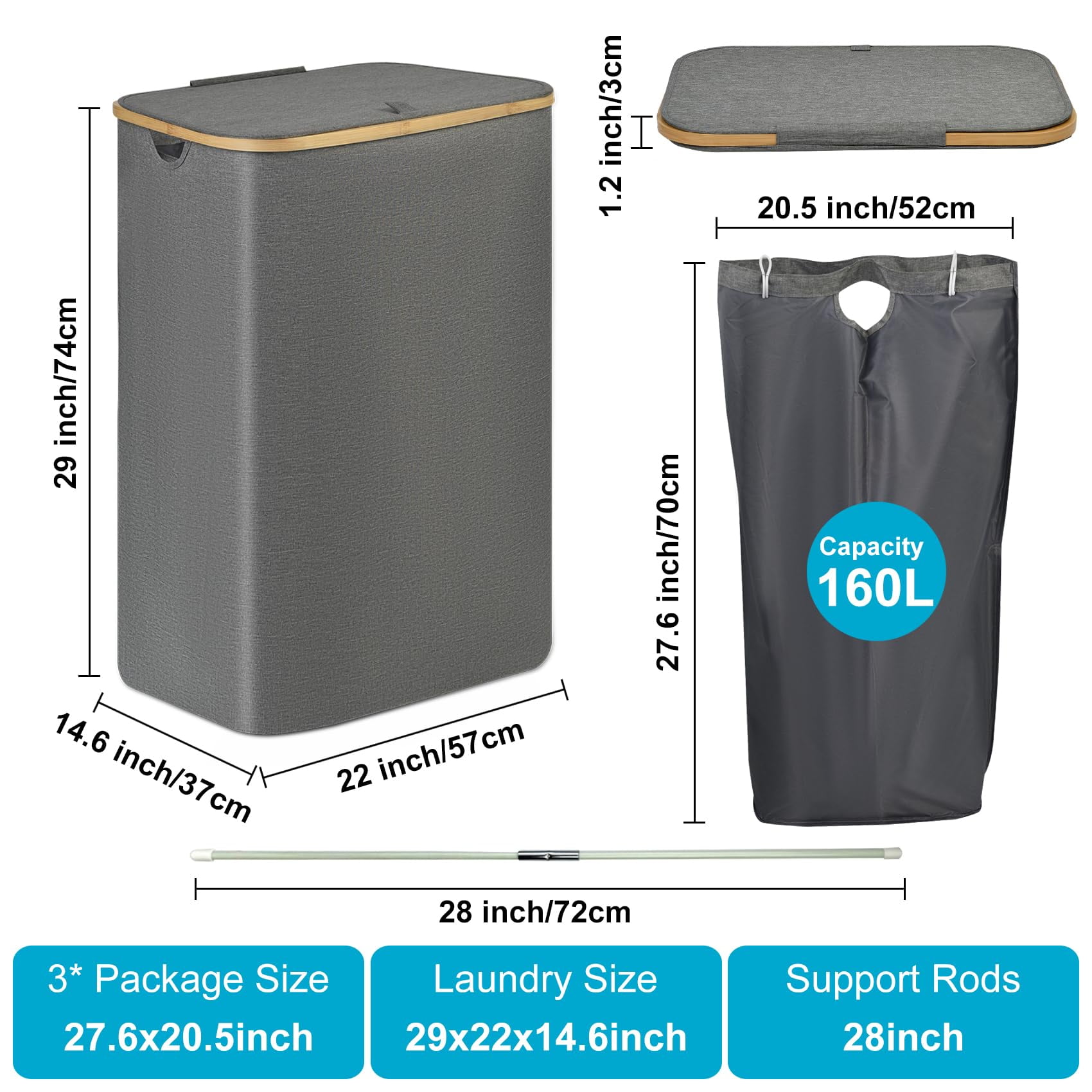 Sunnycome 160L Large Laundry Hamper with Lid Clothes Basket Handles for Bedroom Collapsible Removable Gray