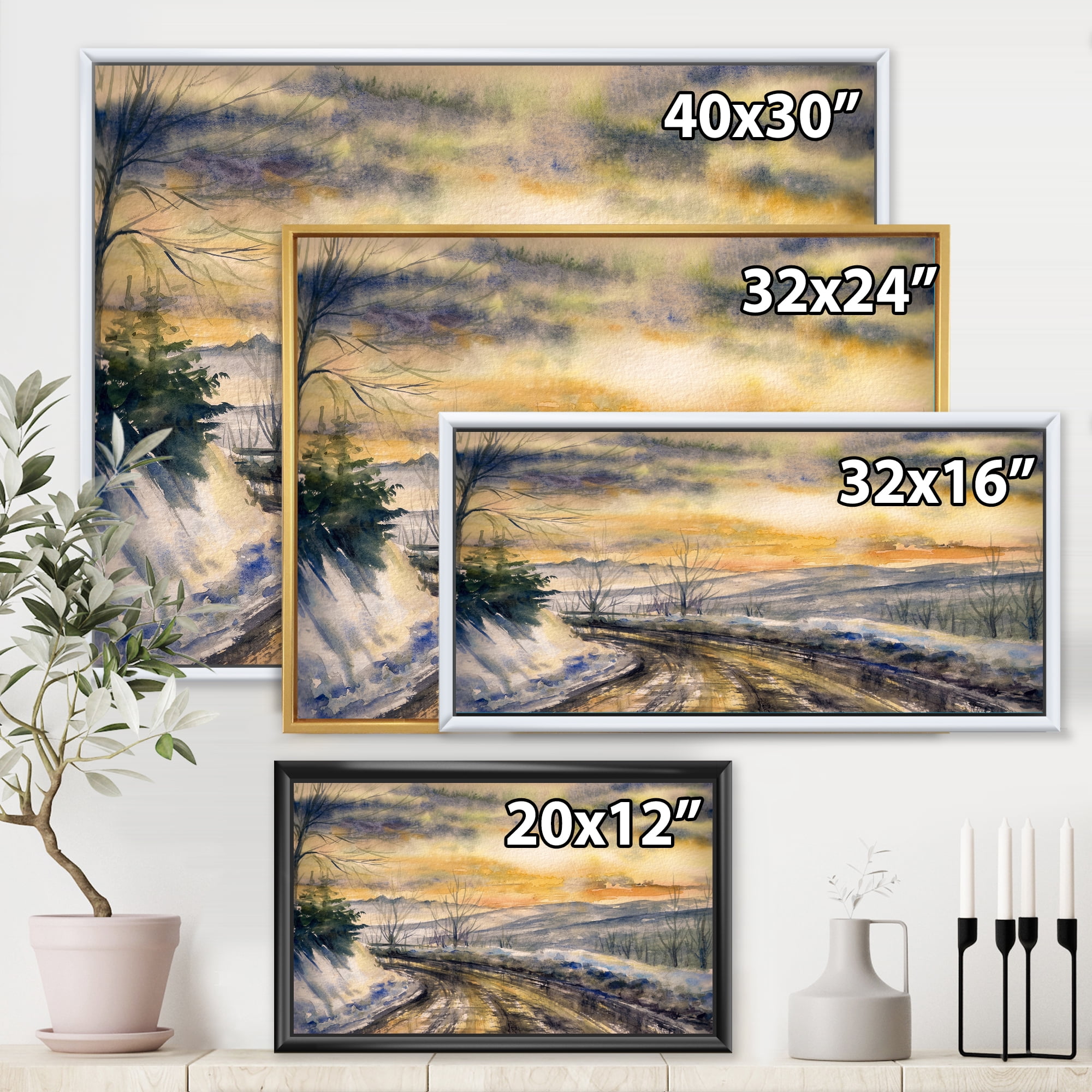 Designart 'Road Under Bright Sunset With Winter Landscape' Traditional Framed Canvas Wall Art Print