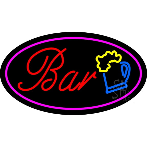 Purple Oval Bar w/Beer Mug LED Neon Sign 20 x 37 - inches, Clear Edge Cut Acrylic Backing, with Dimmer - Bright and Premium built indoor LED Neon Sign for Bar decor.