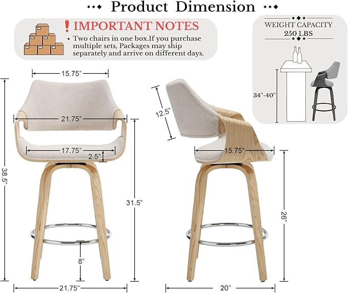 Guyou 26" Swivel Counter Stools Set of 2, Modern Barrel Chenille Kitchen Island Stools, Farmhouse Solid Wood Counter Height Barstools, Bar Height Island Chairs with Back and Wood Frame, Beige