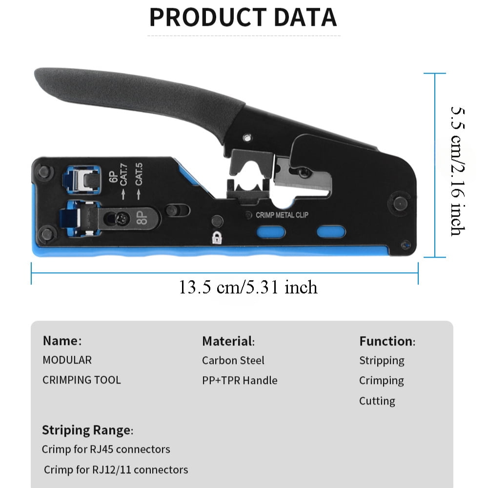 Professional RJ45 Crimp Tool with Pass-Through Technology - 8P8C Ethernet Cable Crimper, Stripper, and Cutter for Cat7, Cat6, Cat6a, Cat5e - All-in-One Network Cable Tool with Carbon Steel Body