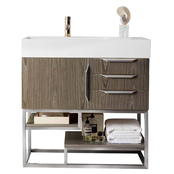 James Martin Vanities 36" Single Vanity, Ash Gray, Brushed Nickel w/ Glossy White Composite Stone Top