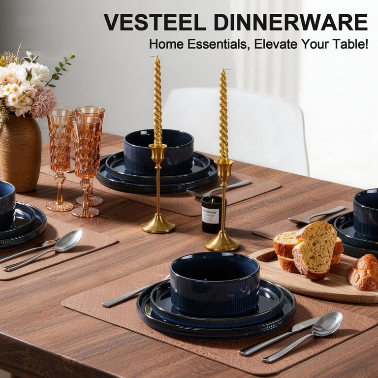 Ribbed Stoneware Dinnerware Set in Starry Blue, Service for 4 photo 8