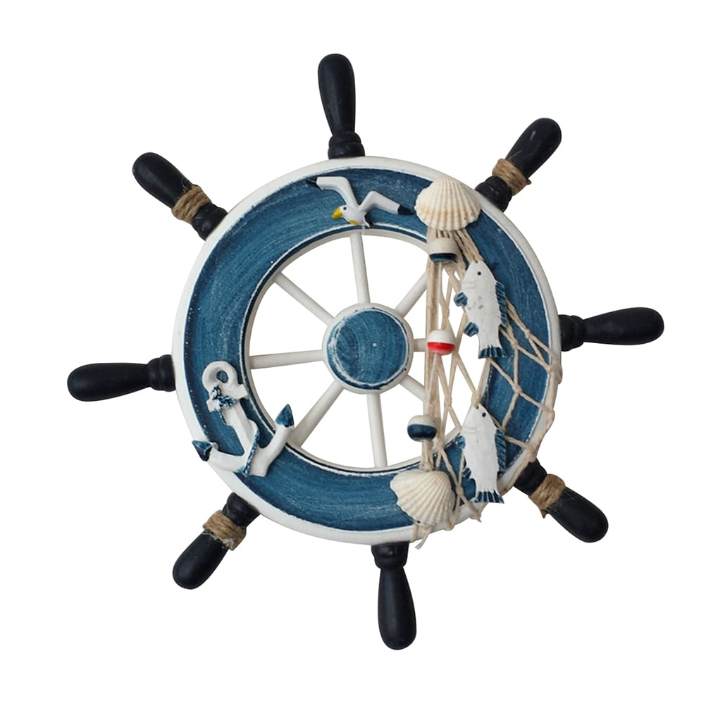 23cm Mediterranean Style Wall Hanging Wooden Boat Steering Wheel Fishing Net 
