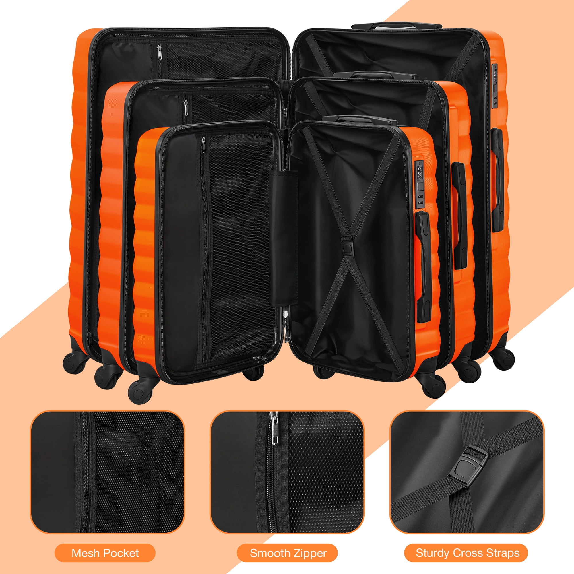 9 Piece Luggage Sets, Hard 20 24 28 inch Luggage with 6 Pieces Organize Bags Travel Suitcases Sets with Wheels, Orange