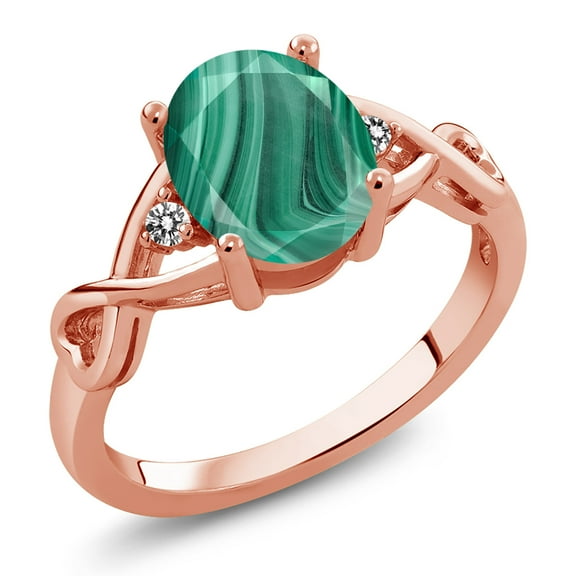 Gem Stone King 2.56 Ct Oval Green Malachite White Diamond 18K Rose Gold Plated Silver Ring (Size 7)