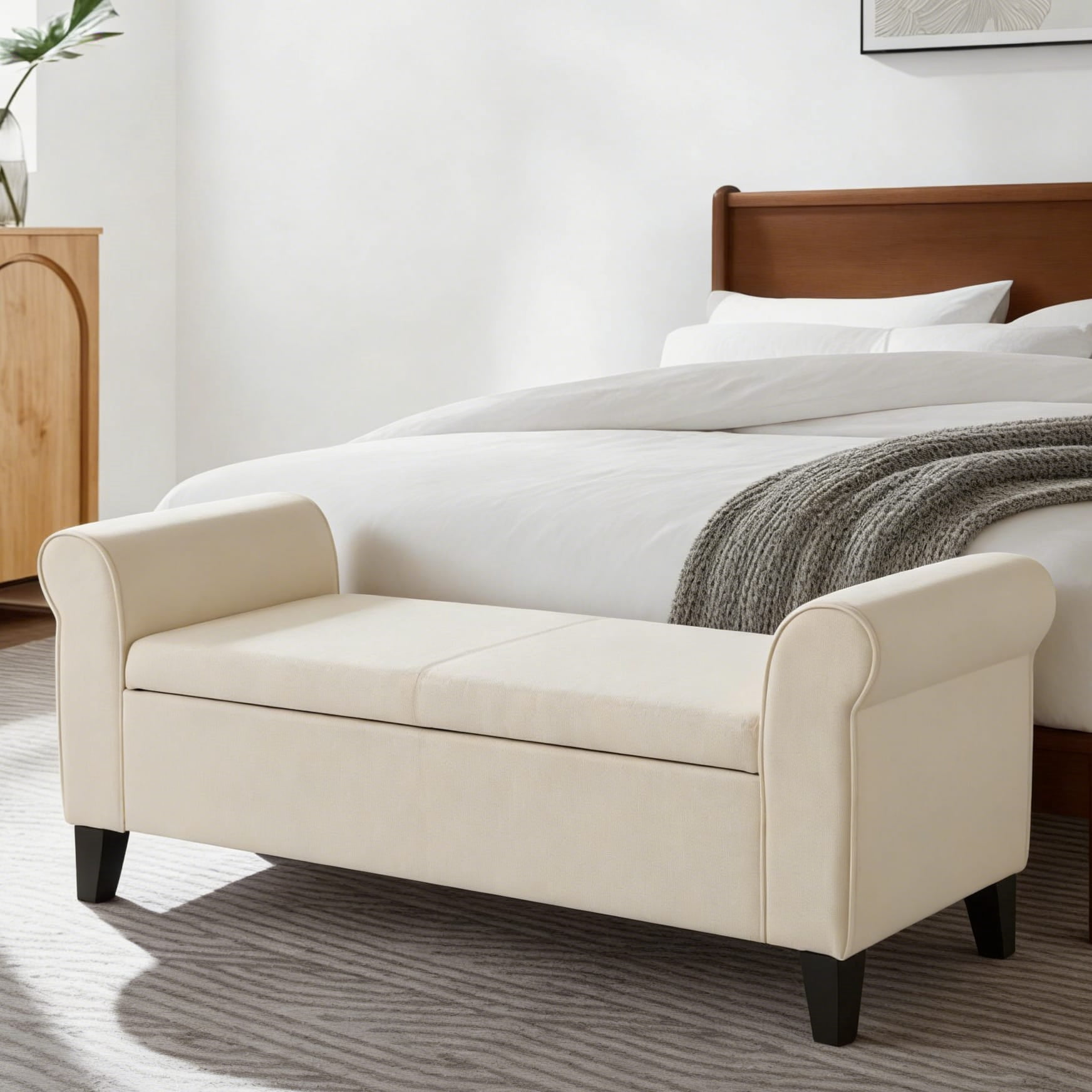 Gewnee 49.61" Flip Top Storage Bench, Linen Upholstered Solid Wood Frame Bench for Living Room and Bedroom, Beige