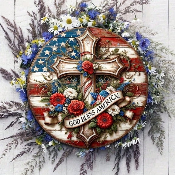HELLOYOUNG Rustic American Flag Metal Tin Sign Patriotic Wall Decor for Door Indoor Outdoor Wooden Plaque Housewarming Gift God Bless America