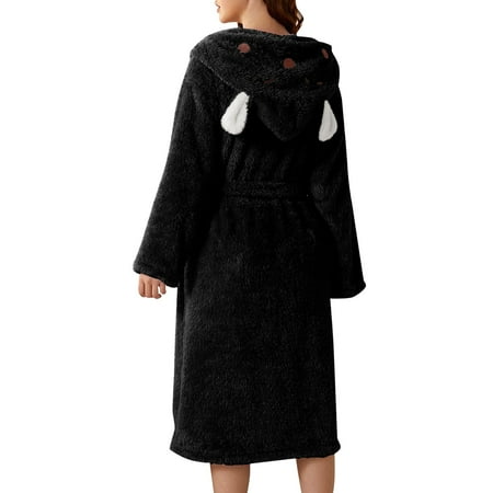 GHSOHS Robes for Women Homewear Women Lingerie Double Pocket 3d Ear Hooded Flannel Bathrobe Soft and Warm Velvet Bathrobe Pajamas and Home Wear Sleepwear Sleepshirt Robe Nightgown