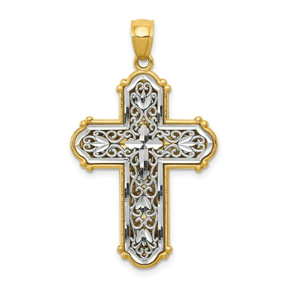 14K Two-Tone Gold Charm Pendant Themed White With Rhodium Reversible Diamond-Cut Filigree Cross
