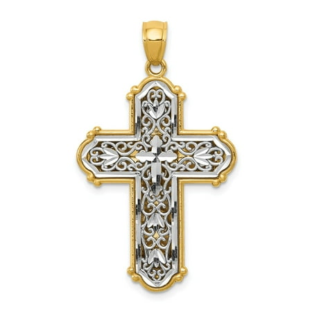 - 14k Yellow Solid Gold With Rhodium Plated Reversible Diamond-cut Filigree Cross Pendant for Necklace