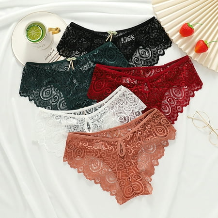 

Jiaroswwei Women Briefs Hollow Out See-through Lace Thin Bow-knot Sexy Mid Waist High-elasticity Lady Underpants for Daily Wear