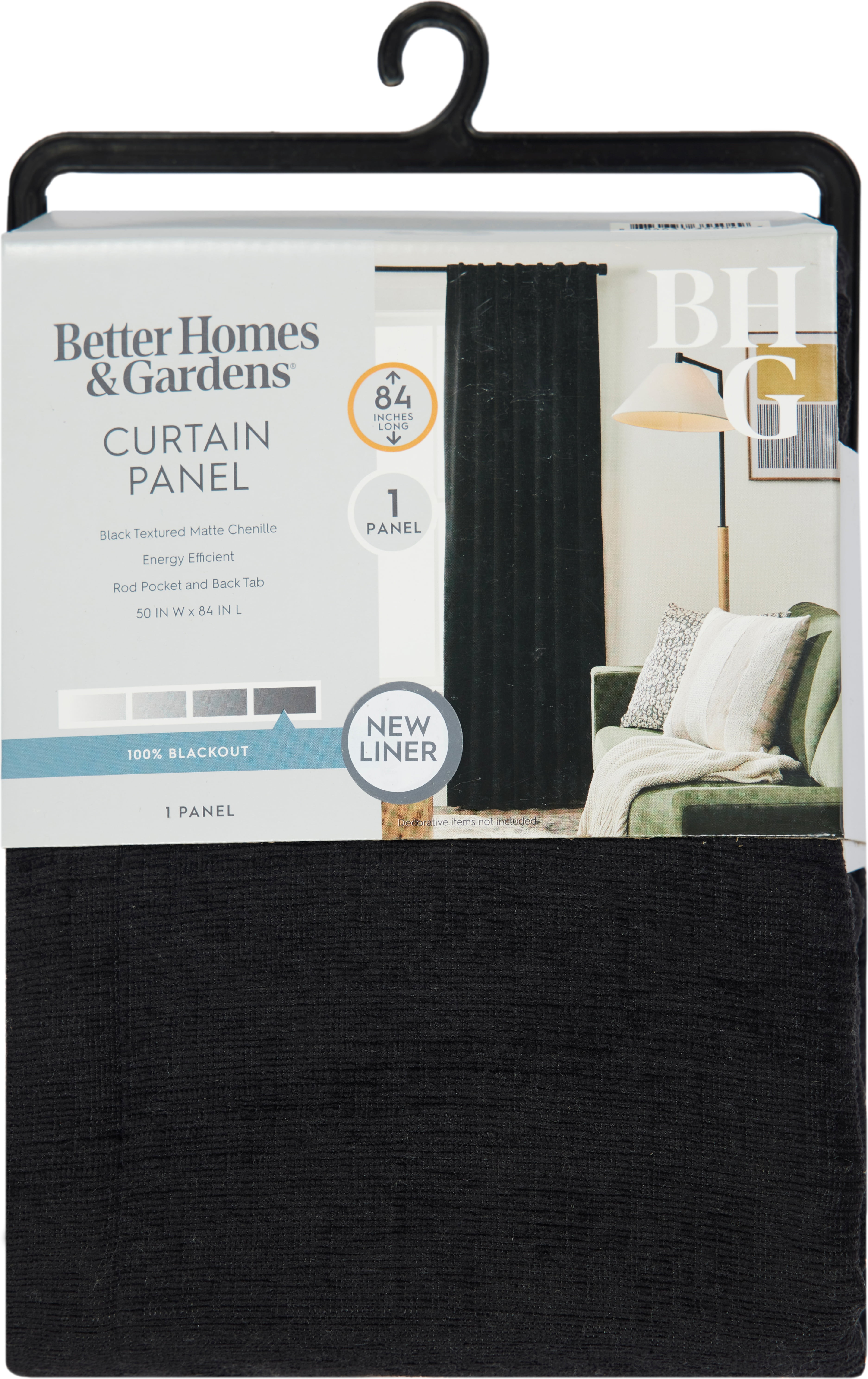 Better Homes & Gardens Textured Solid Chenille Blackout Single Curtain Panel, Black, 50"W x 84"L